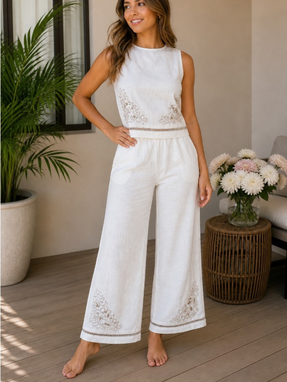Adrianna Papell Boho Embroidered Linen Blend 2-Piece Set Ivory Wide Leg NWT